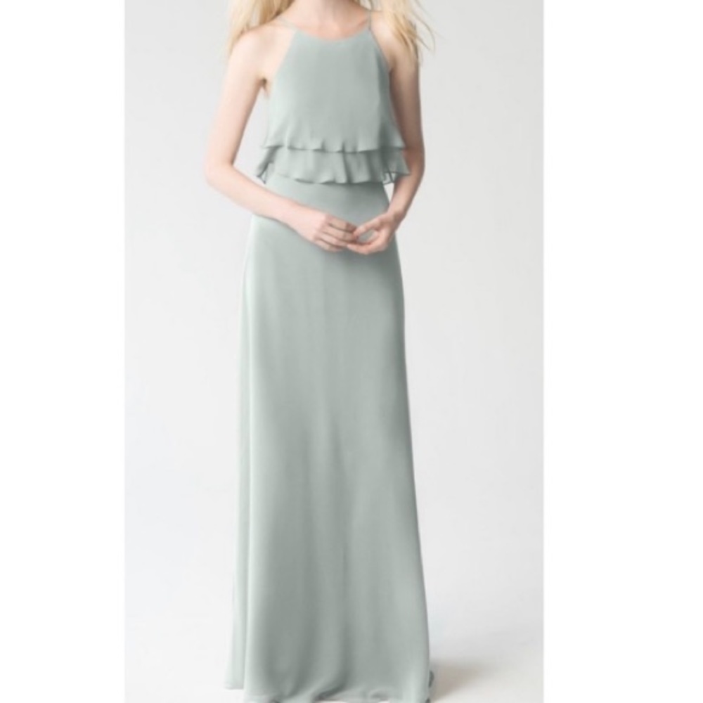 Jenny Yoo Collection Charlie Whisper Blue Ruffle Halter Maxi Bridesmaid Dress